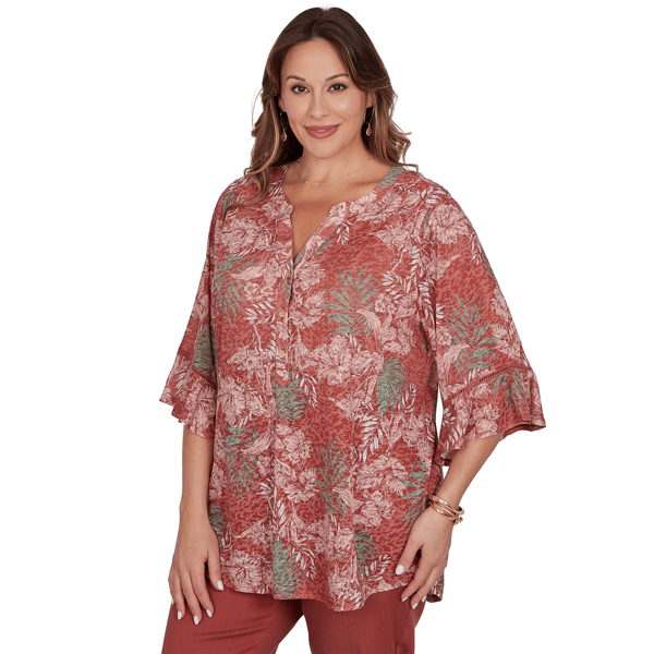 Plus Size Ruby Rd. Sedona Escape Tropical Burnout Henley Blouse