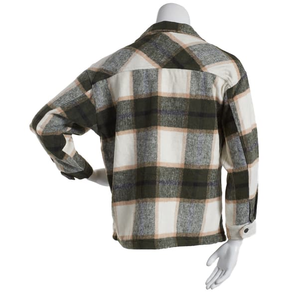 Juniors Plus Stoosh Wool Like Plaid Shacket w/Pockets-Olive/Tan