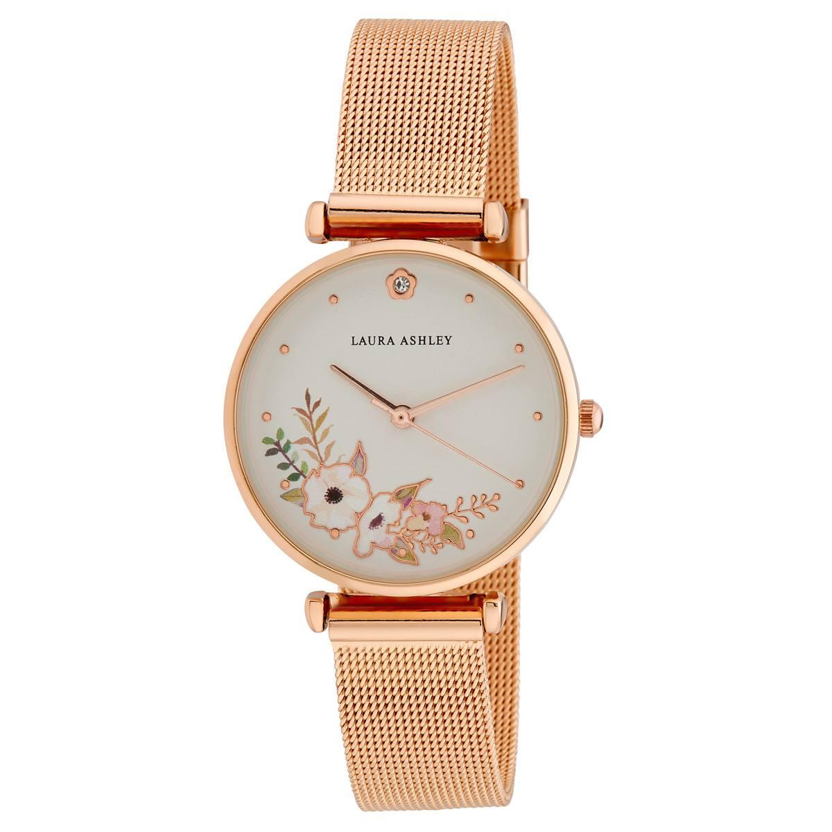 Womens Laura Ashley® Rose Gold Engraved Floral Watch -...