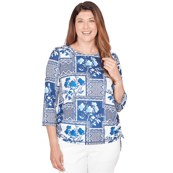Petites Alfred Dunner Mykonos Framed Floral Ruched Side Tie Top
