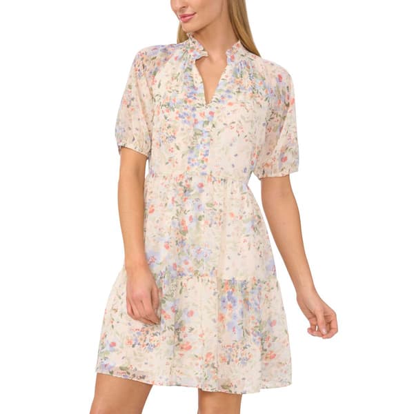 Womens Cece Short Sleeve Floral Chiffon A-Line Dress