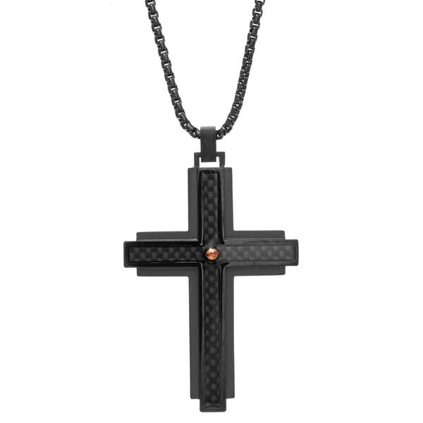 Mens Lynx Stainless Steel with Carbon & Black IP Cross Pendant - image 