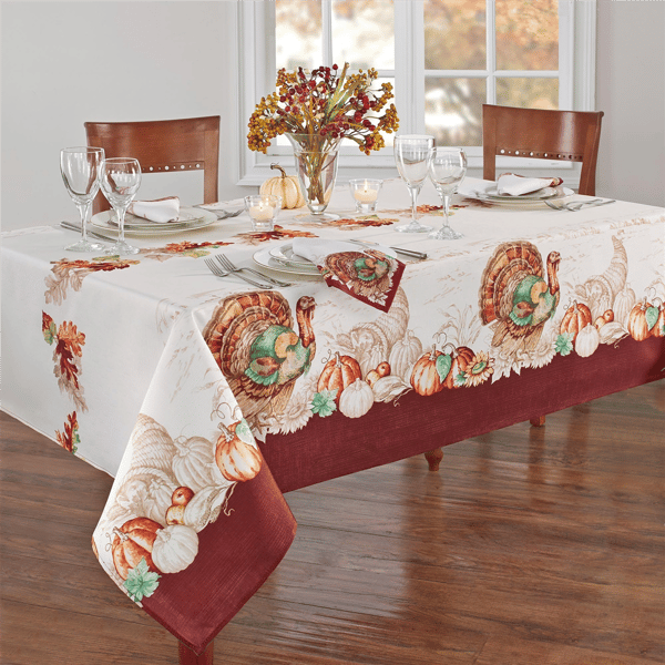Threadmade Holiday Turkey Bordered Fall Tablecloth
