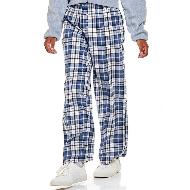 Juniors No Comment Plaid Flannel Wide Leg Lounge Pants - Indigo