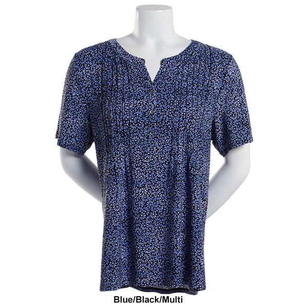 Womens Napa Valley Floral Pleat Henley Top-BLUE/BLK