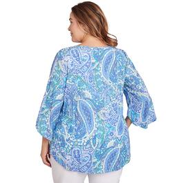 Plus Size Ruby Rd. Bali Blue Knit Turkish Paisley 3/4 Sleeve Blou