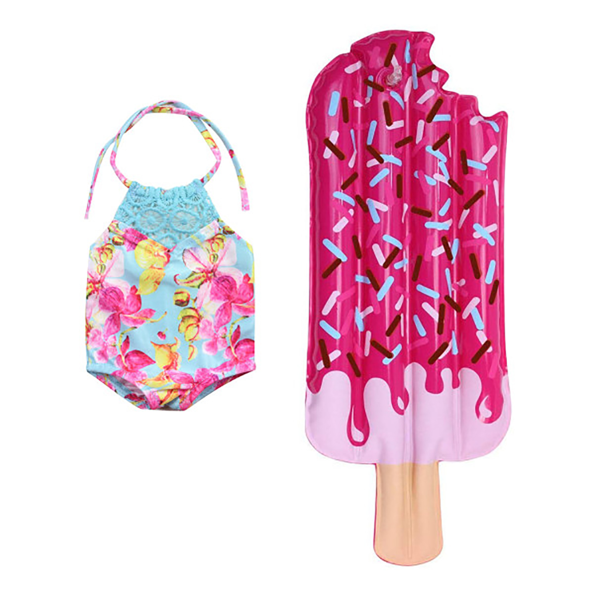 Sophia&#39;s(R) Floral Lace Trim Bathing Suit &amp; Popsicle Pool Float