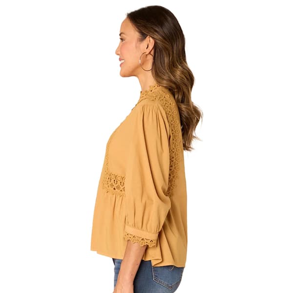 Womens Democracy Crocheted Lace Inset Solid Woven Blouse