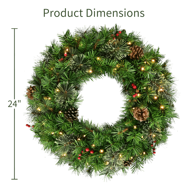 Puleo International 24in. Pre-Lit Pinecone& Berries Pine Wreath