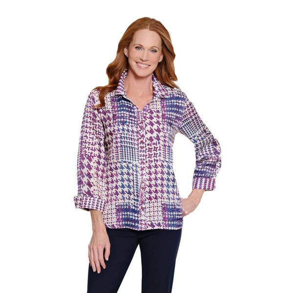 Womens Multiples Roll Sleeve Houndstooth Shimmer Blouse - image 