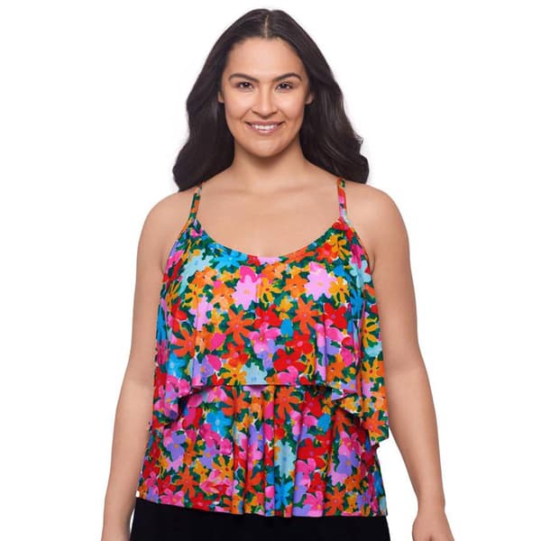 Plus Size American Beach Double Ruffle Flounce Tankini Swim Top