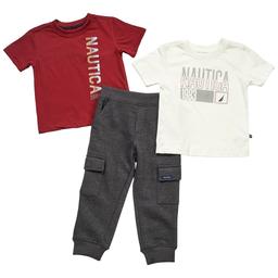 Toddler Boy Nautica 3pc. Red/White Tees & Cargo Joggers Set