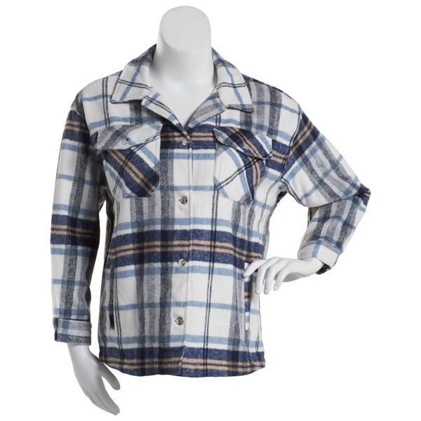 Juniors Stoosh Wool-Like Plaid Shacket w/Welt Pocket-Navy/White - image 