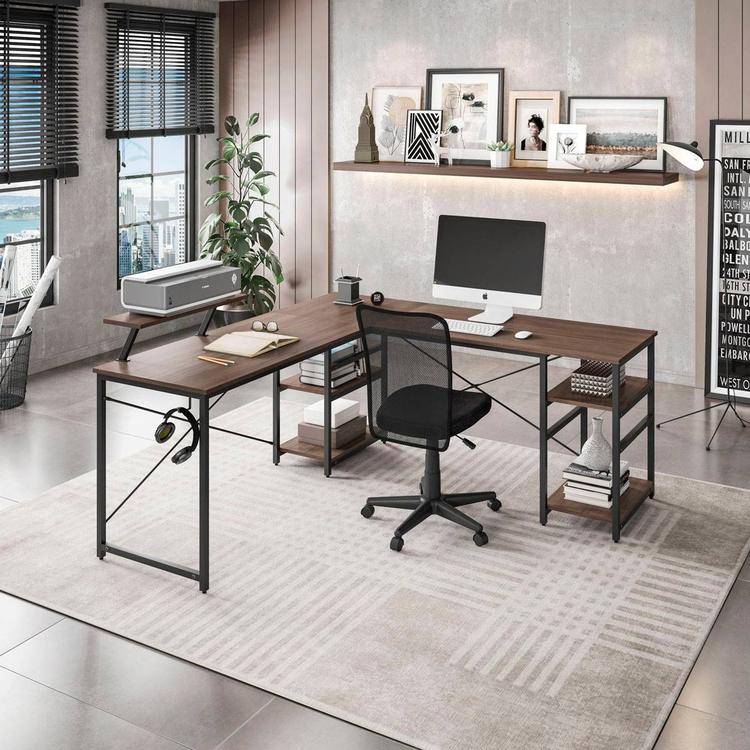 Techni Mobili L-Shape Industrial Desk w/ Storage Shelves