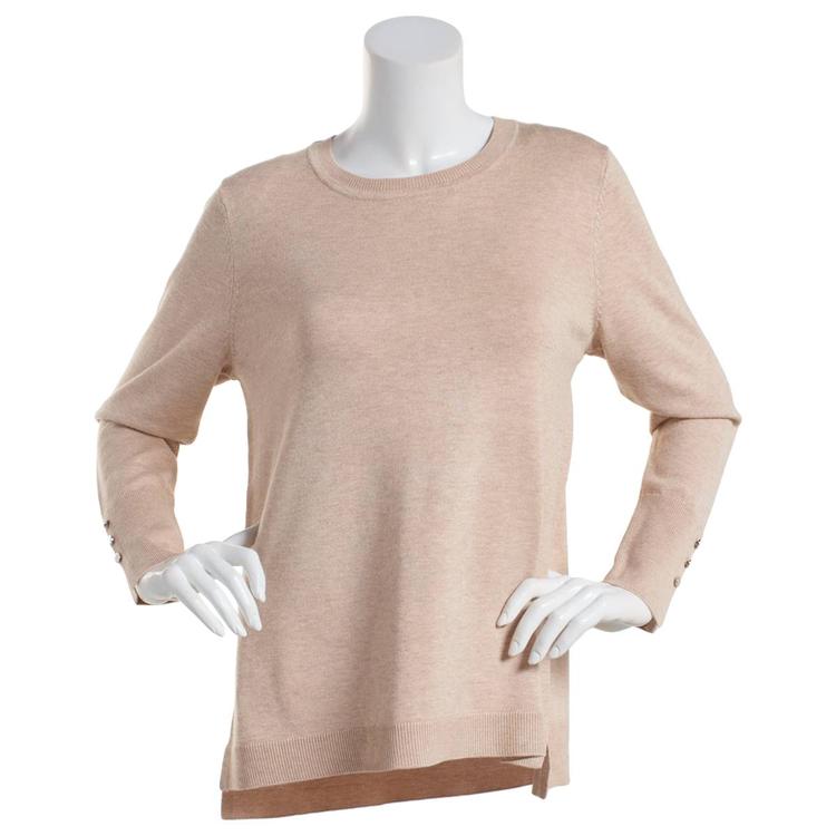 Plus Size Retrology Crew Neck Button Sleeve Side Slit Sweater