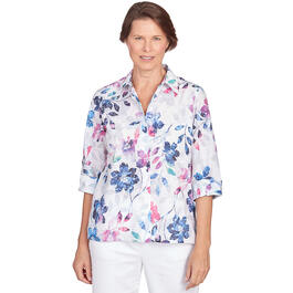 Petite Alfred Dunner 3/4 Sleeve Print Floral Burnout Woven Shirt