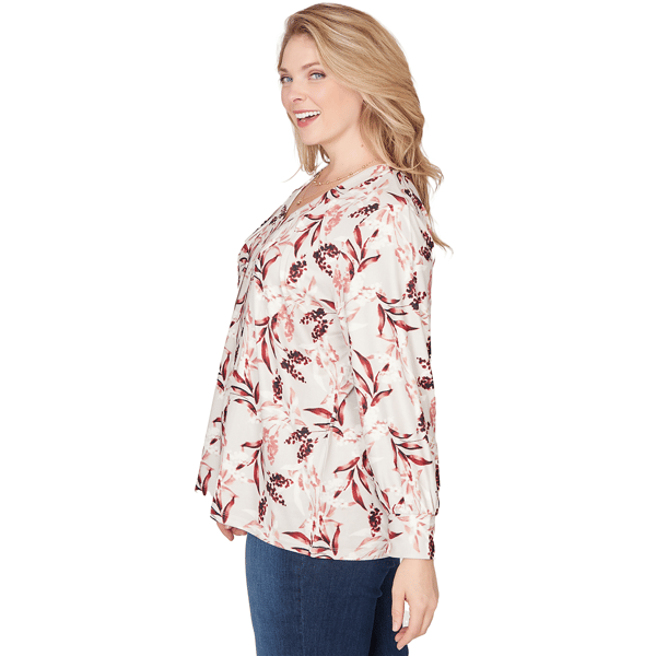 Plus Size Emaline Dusted Petals Long Sleeve V Neck Pintuck Blouse