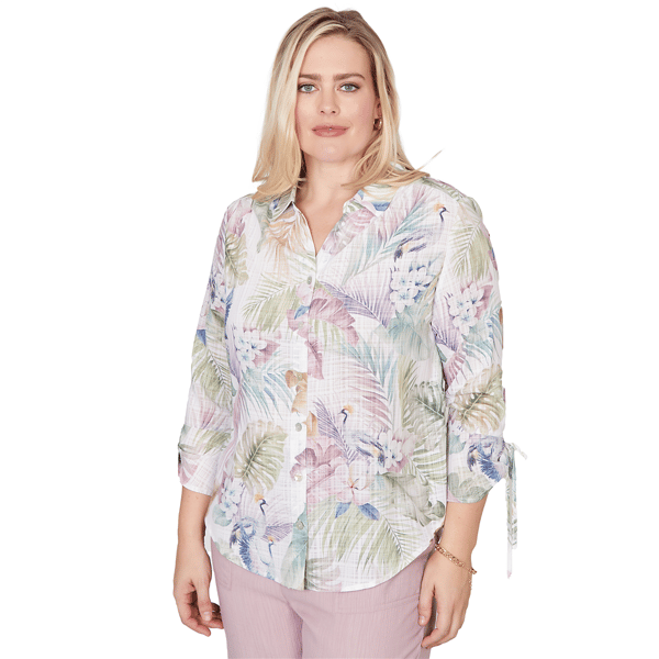 Petite Alfred Dunner Vintage Charm Tie Sleeve Tropical Blouse