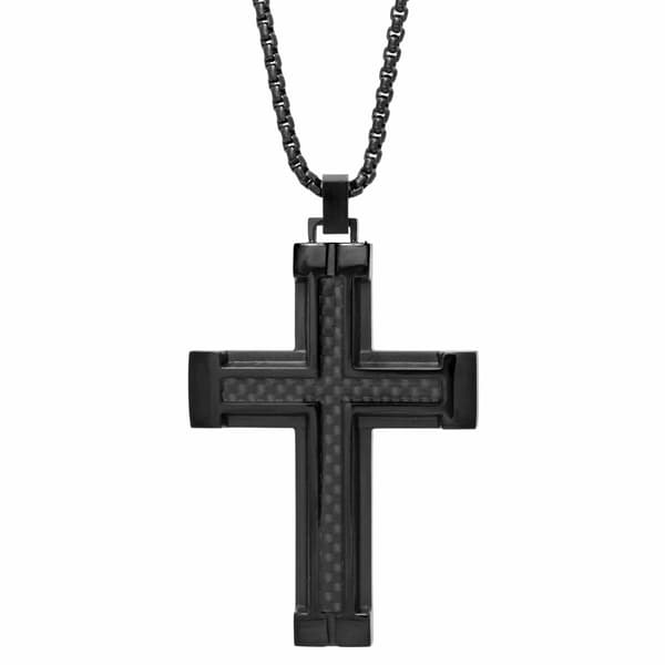 Mens Lynx Carbon Fiber & Black Ion Plating Chain Cross Pendant - image 