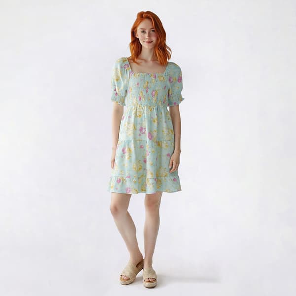 Juniors No Comment Short Sleeve Puff Smock Bodice Tier Dress - image 