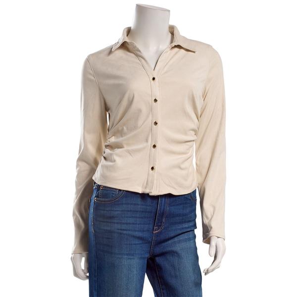 Juniors Love Tree Stretch Suede Ruch Button Front Shirt - image 