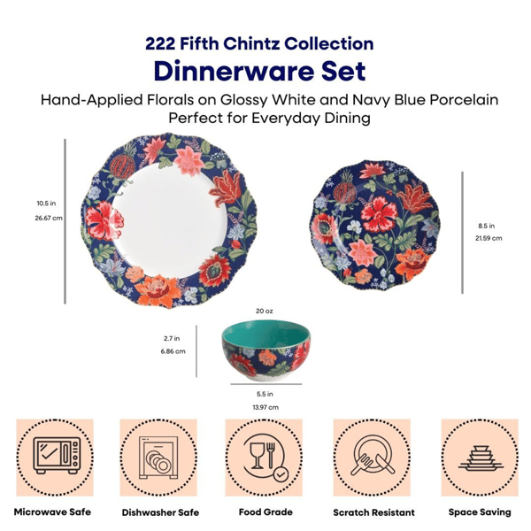 222 Fifth Chintz 12pc. Blue Porcelain Gold Trim Dinnerware Set