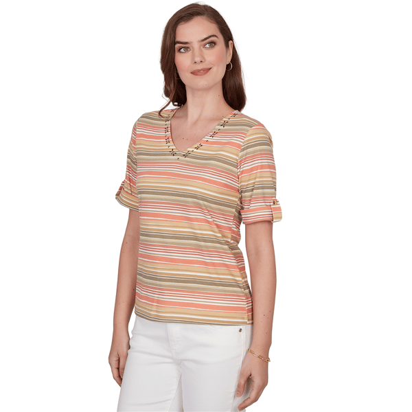 Petite Hearts of Palm Tropical Twist Tab Sleeve Stripe Blouse