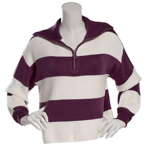 Juniors No Comment Polo Collar Quarter Zip Stripe Sweater - image 