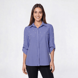 Womens Notations 3/4 Sleeve Stripe Casual Button Down w/ Pearls