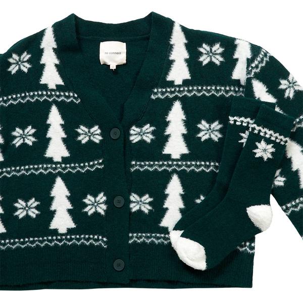 Juniors No Comment Fair Isle Xmas Tree Button Cardigan with Socks