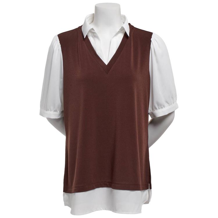 Womens Adrianna Papell Short Sleeve Solid Two In One Blouse