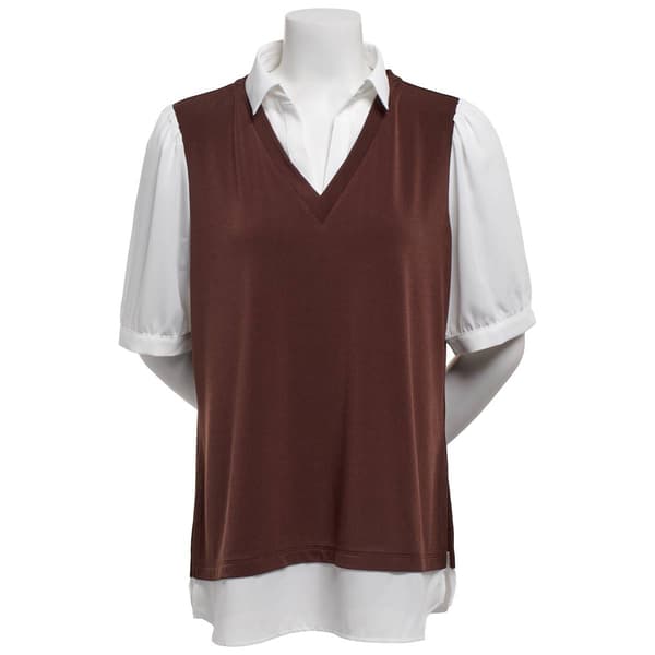 Womens Adrianna Papell Short Sleeve Solid Two In One Blouse - image 
