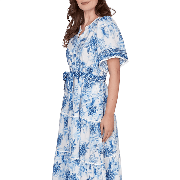 Petite Ruby Rd. French Riviera Floral Toile Tiered Midi Dress