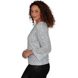 Womens Skye’s the Limit Icy Blue Sparkle Allover Sequin Blouse