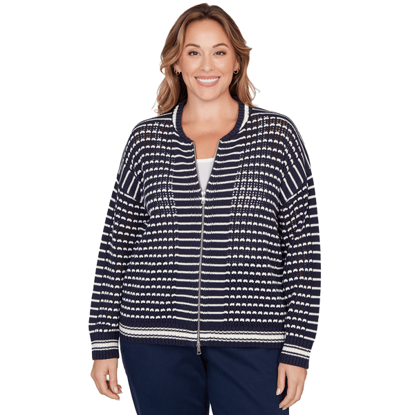 Plus Size Ruby Rd. Jetsetter Stripe Stitch Knit Bomber Jacket