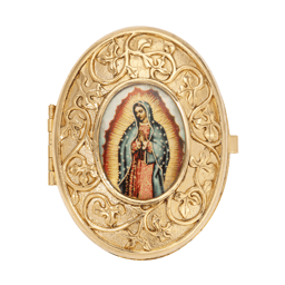 Symbols of Faith Gold Tone Our Lady of Guadalupe Oval Pill Box