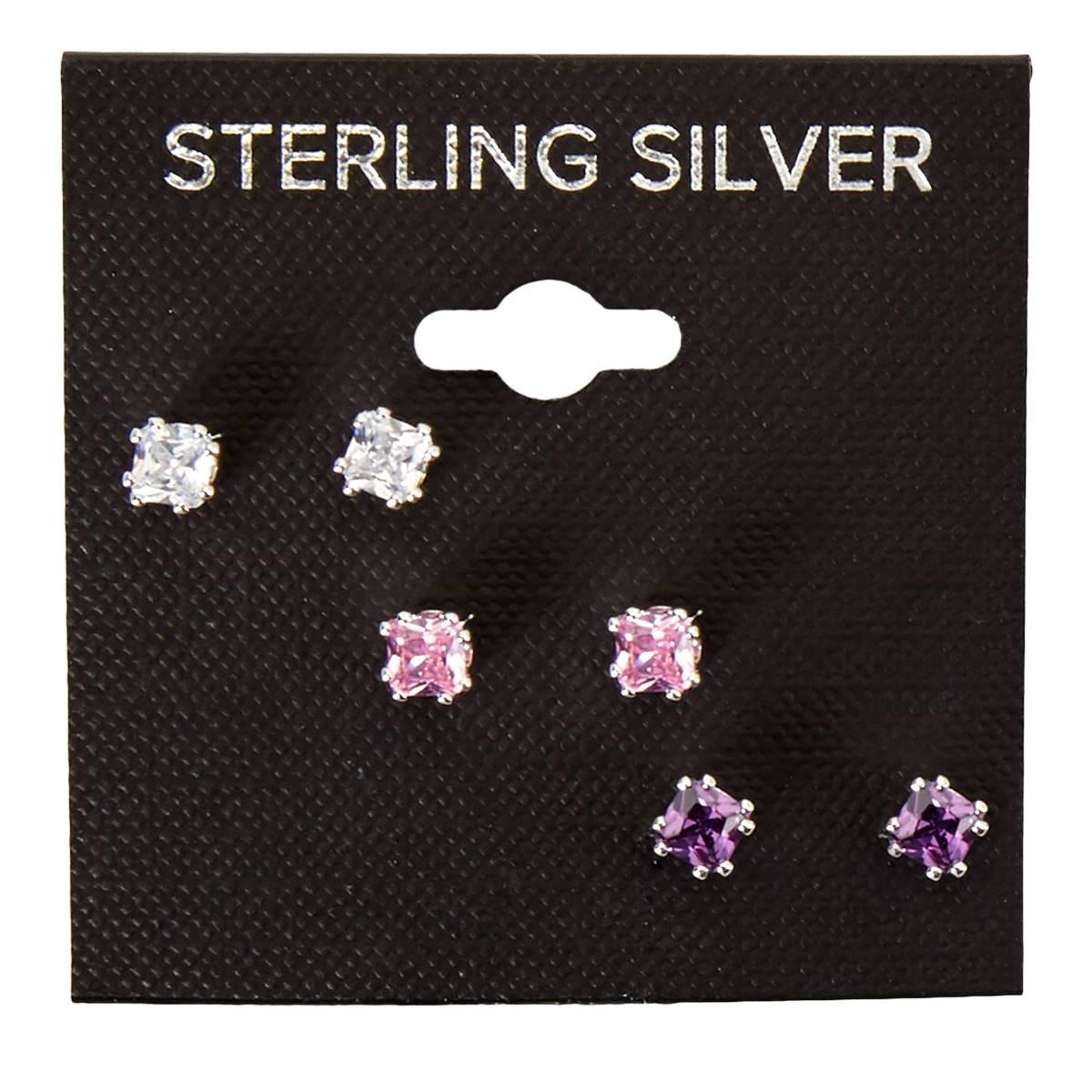 3pr. Sterling Silver Multi CZ Stud Earrings