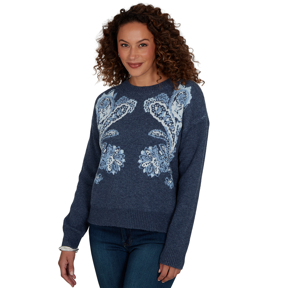 Womens Skye’s the Limit Icy Blue Sparkle Paisley Sweater