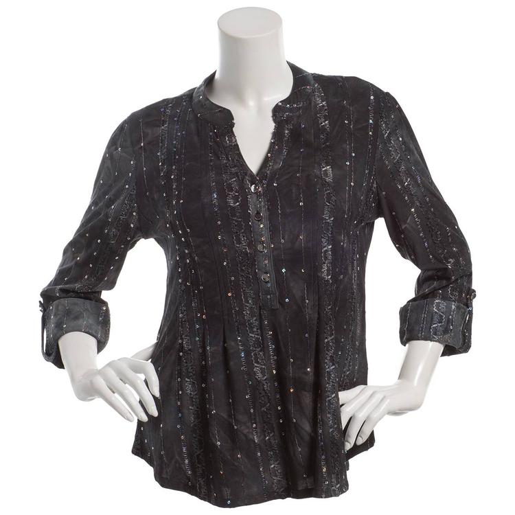 Petite Cocomo 3/4 Sleeve Gomez Henley Sequin Trim Blouse