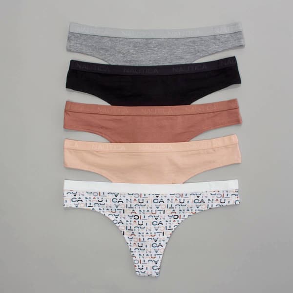 Womens Nautica 5pk. Cotton Thong  Panties with Logo Wb NT9914-5P - image 
