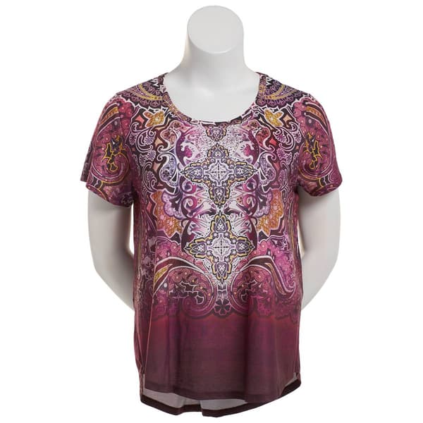 Plus Size OneWorld Short Sleeve Embellished Tee - Burgundy