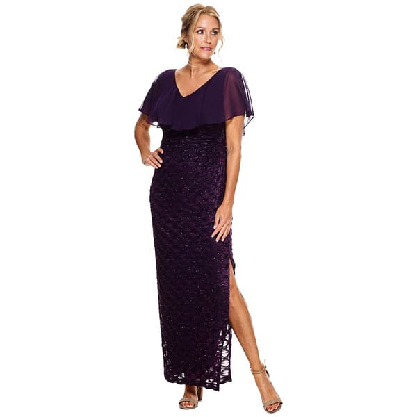 Womens Connected Apparel Chiffon Overlay Eyelash Evening Gown