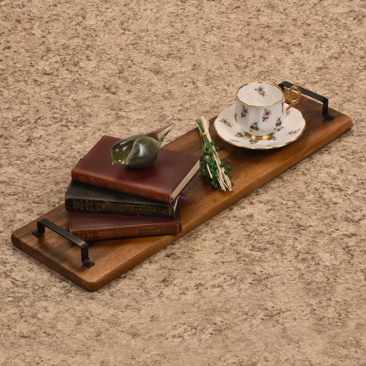 Kalmar Home Extra Long Acacia Wood Tray with Metal Handles