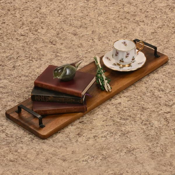 Kalmar Home Extra Long Acacia Wood Tray with Metal Handles