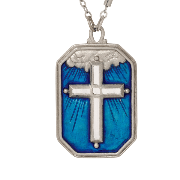 Symbols of Faith Silver Tone Blue Enamel Silver Cross Necklace