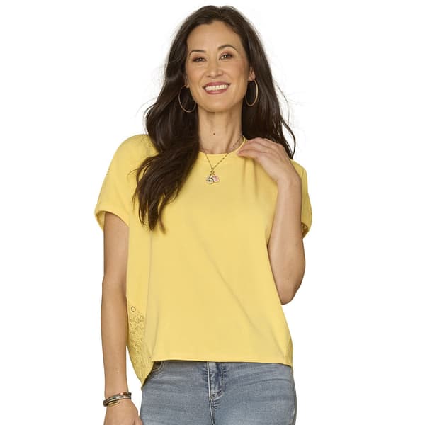 Womens Democracy Short Sleeve Scoop Neck Mixed Media Knit Top - image 