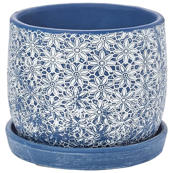 Blue Floral Planter with Saucer - image 