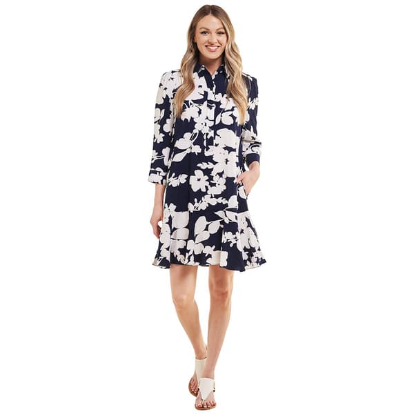 Womens Emma & Michele Long Sleeve Floral Ruffle Hem Shirtdress - image 