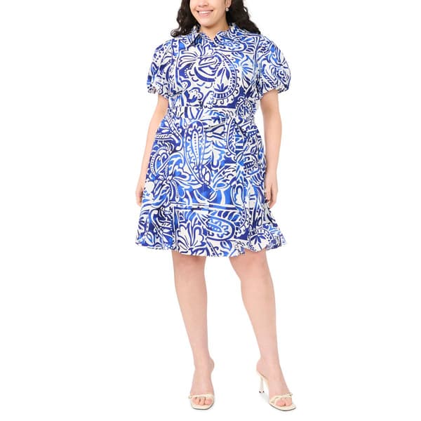 Plus Size MSK Short Sleeve Abstract Paisley Tie Waist Shirt Dress