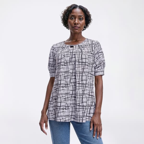 Womens Notations Short Puff Sleeve Abstract Bar Neck Blouse - image 